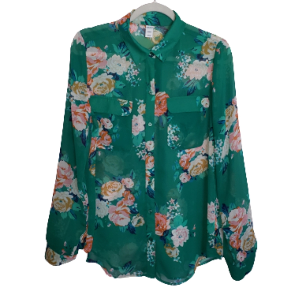 Old Navy Sheer Floral Teal Green Button Down Blouse Size M